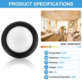ECOELER 4 Pack Flush Mount Dimmable LED Disk Light, Dimmable LED Ceiling Light, 16.5W,1000Lm, 3000K Warm White, Aluminum Black Trim, ETL & FCC Approve