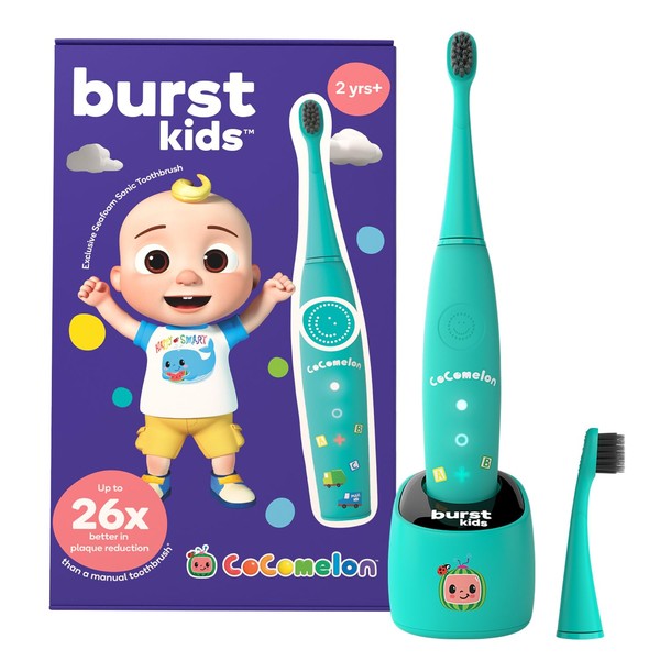CoComelon x BURSTkids Kids Electric Toothbrush with 2 Brush Heads, Soft Bristle Kid & Toddler Toothbrush, 2-Minute Timer, Rechargeable, Easy-Grip Handle, 2 Brush Modes, Ages 2+, Seafoam Teal with JJ