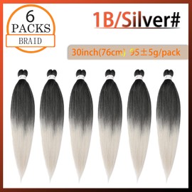 Pre-Stretched Braiding Hair ShowJarlly Easy Braid Professional Synthetic Fibre Crochet Borders 30 Inches 6 Packs/Lot Yaki Texture Braiding Hair Extensions Crochet Braiding Soft Braiding Hair 1B/Silver