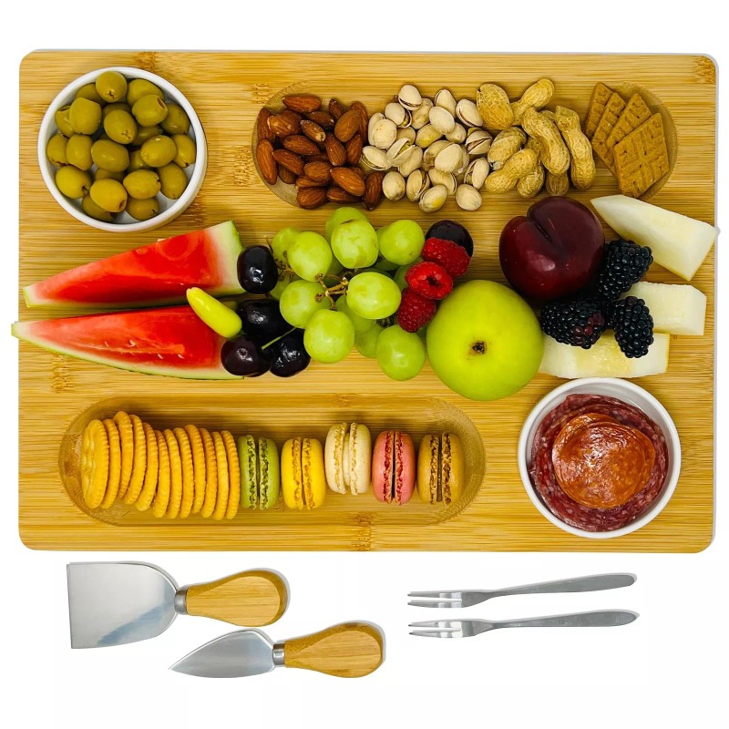 PandPal Bamboo Cheese Board with Knife, Bowl, Fork Set, Wood