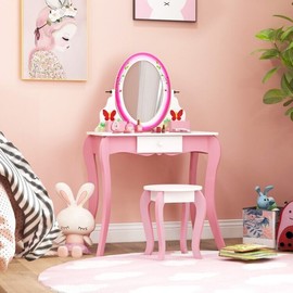 Costway Double-Sided Kids Dressing Table & Stool Set w/360° Rotating Mirror & Whiteboard