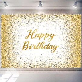 7 x 5 ft Glitter Birthday Backdrop Polyester White and Gold Spots Large Happy Birthday Background Sign for Women Men Decorations Photo Booth Props Supplies Banner