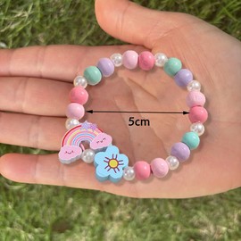 Glowjoy Pack of 5 Rainbow Beads Bracelets, Girls Jewellery Beads Bracelet, Colourful Wooden Flowers Jewellery, for Christmas Party, Party Bags, Children's Birthday, Girls, Small Gifts, Children