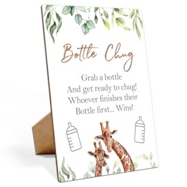 Baby Shower Games Bottle Chug Sign-8x11 Inches Woodland Giraffe Wooden Sign Baby Gift for Baby Shower Gender Reveal Party, Gender Neutral Baby Bottle Shower Party Games Favors Supplies-18