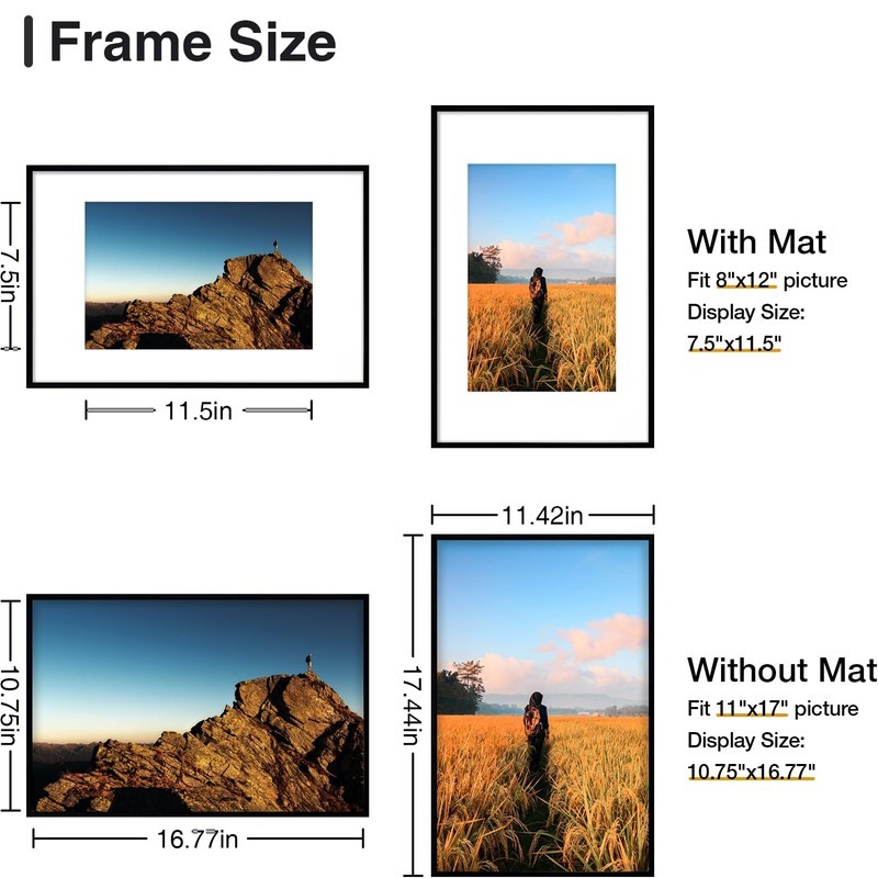 Vittanly 11x17 Poster Frame, Display Picture 8x12 with Mat or