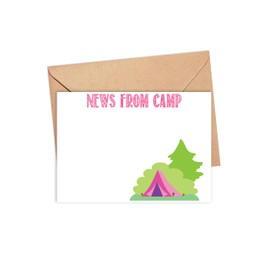 Sleepaway Camp Flat Cards for Campers, Stationery for Sleepaway Camp for Boys and Girls, Girls Sleepaway Camp Tent Note Cards, Set of 10 Cards and Envelopes 24-43 (Pink News From Camp)