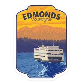 Die Cut Sticker Edmonds, Washington, Ferry and Mountains, Contour Vinyl Sticker 1 to 3 inches (Waterproof Decal for Cars, Water Bottles, Laptops, Coolers), Small