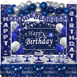 Blue Birthday Decorations, 37 PCS Blue and Silver Party Decorations for Men Boys Women Girls, Happy Birthday Backdrop Banner Tablecloth Party Supplies Confetti Balloons Arch