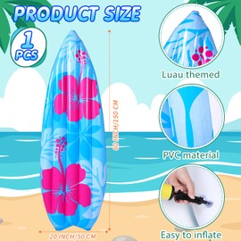Foilswirl 1 Pcs 60" Long Inflatable Surf Board Luau Decoration Theme Beach Pool Toy Tropical Inflatable Surfboard Float Board Beach Party Decorations for Kids Adults Summer Hawaiian Party (Flower)