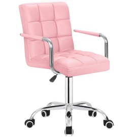 JUMMICO Desk Chair Modern Office Chair with Wheels Vanity Chair PU Leather Mid-Back Rolling Chair Cute Chair for Office, Teen, and Bedroom Desks (Pink)