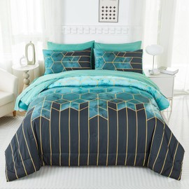 PERFEMET Green Comforter Full 7 Pieces,Geometric Comforter Set, Gold Striped Fluffy Bedding Set,Bed in A Bag for Bedroom Decoration