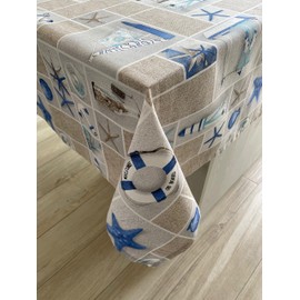 1KDreams Rectangular cotton tablecloth for the table. Sea, ships, glowing stars and anchors decorate the fabric. Shabby chic, modern, summery and exotic. 130 x 300 cm.