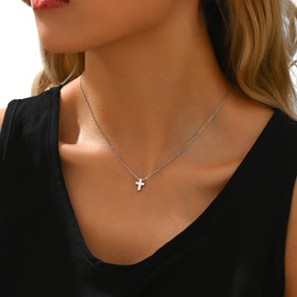 foyjoey White Gold Dainty Tiny Cross Necklace for Women Stainless Steel Plain Cross Pendant Necklace Minimalist Confirmation Jewelry