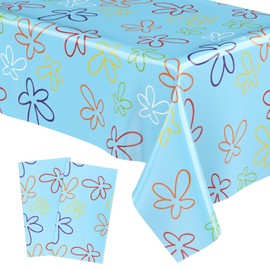 Oudain 2 Sheets Sponge Birthday Party Supplies Blue Ocean Flower Tablecloth 54 x 108 Inch Plastic Table Covers for Birthday Party Decorations