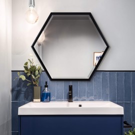 Kate and Laurel Calter Modern Hexagon Framed Wall Mirror, 22 x 26, Black, Chic Indie Room Decor for Wall