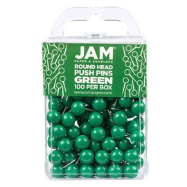 JAM PAPER Colorful Push Pins - Round Head Map Thumb Tacks - Green Pushpins - 100/Pack