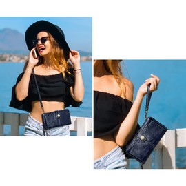 S-ZONE Vegan Leather Crossbody Bags for Women Small Cell Phone Purse RFID Blocking Clutch Purses with 2 Straps, Dark Blue, Crossbody