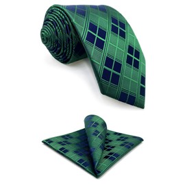 S&W SHLAX&WING Neckties for Men Green Navy Checkered Satin Tie and Pocket Square Combo Extra Long 160cm