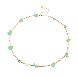 Freshwater Pearl Necklace, Choker Necklace with Natural Green Aventurine and Titanium Steel for Women