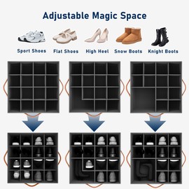 Atsuhut Shoe Organizer for Closet, Fabric Shoe Storage Bins with Clear Cover, Adjustable Dividers for Shoe Storage, Shoe Cube Organizer Fits up to 16 Pairs, Black 1-Pack