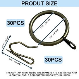 30 Pack Metal Curtain Rings for Drapes and 30 Pack Metal Curtain Hooks Curtain Rings with Hooks Ring Hooks for Curtains Drapery Rings with Hooks for Window Door Shower (Oil-Rubbed Bronze, 1.18 Inch)