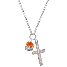Delight Jewelry Hot Orange Hibiscus Flowers Spinner - She will not Fall Engraved Cross Zoey Necklace, 28"
