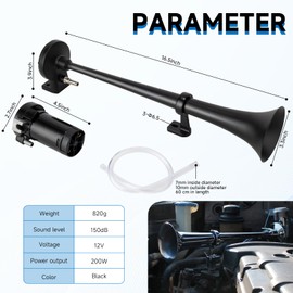 AOLIHAN 12V Train Horns for Truck,Black Single Trumpet Air Horn with Compressor for Motorcycle,150dB Waterproof Car Horn Super Loud