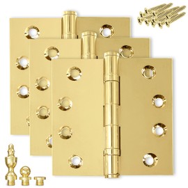 Finsbury Hardware Solid Brass Door Hinge Heavy Duty Ball Bearing Polished Tarnish Aged Patina Gold 4x4 Inch with Decorative Tips - Set of 3 Hinges (Non Lacquered Brass)