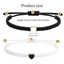 KufaerBeam 2PCS String Bracelet with Heart Pendants,Adjustable Heart Beaded Matching Bracelets, A Delightful Birthday Present for Couples and Friendships (Black&White)