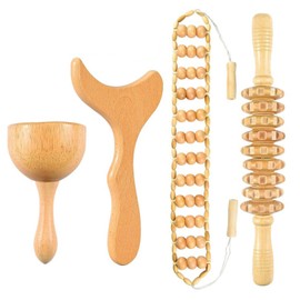 Bohue 4Pcs Wood Therapy Massager Tools Massager Roller Cup Shaped Massager Fish Tail Shaped Gua Sha Massager Manual Wood Massager Lymphatic Drainage Tool for Arms Back Legs