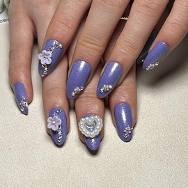 BABALAL Almond Press on Nails Medium Fake Nails Purple Aurora Glue on Nails Glitter 3d Pearl Heart Flower Charm Design 24Pcs Stiletto Stick on False Nails for Women and Girls