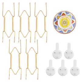 5 Pack Plate Hangers for Wall, Suitable for 6-8 inch Art Plate, Stainless Steel Invisible Heavy-Duty Wire Plate Holder with Wall Hooks, Display Hanger for Decorative Plates/Dishes/Platters(Gold)