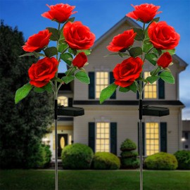StarryMine 2 Pack Color-Changing Solar Rose Lights Flower Stake with 10 Roses, for Outdoor Garden Cemetery Patio Yard Pathway Decoration, Red