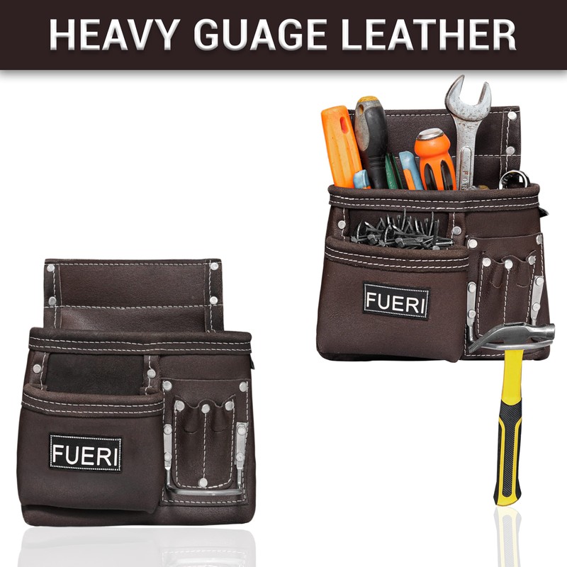 FUERI 11 Pocket Leather Tool Belt fot Men, Comess with
