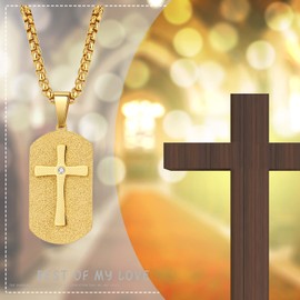 Flongo Men's Necklace Men's Pendant Necklace Rosary Chain English Bible Jesus Cross Crucifix Shield Dog Tag Black Gold Chain Men's Accessories, Stainless Steel