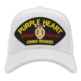 PATCHTOWN Purple Heart - Korean War Veteran Combat Wounded Hat/Ballcap Adjustable One Size Fits Most (White, Add American Flag)