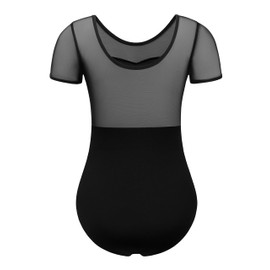 Hanebel Women Ballet Leotard Mesh Short Sleeve Dance Leotard for Adult, Mesh Round Neck Splicing, Full Front Lining (JD23712-06-S)