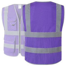 JKSafety 9 Pockets High Visibility Safety Vest for Men and Women, Hi-Vis Reflective Purple Safety Vests with Zipper Front, Meet ANSI/ISEA Standards (159-Purple L)