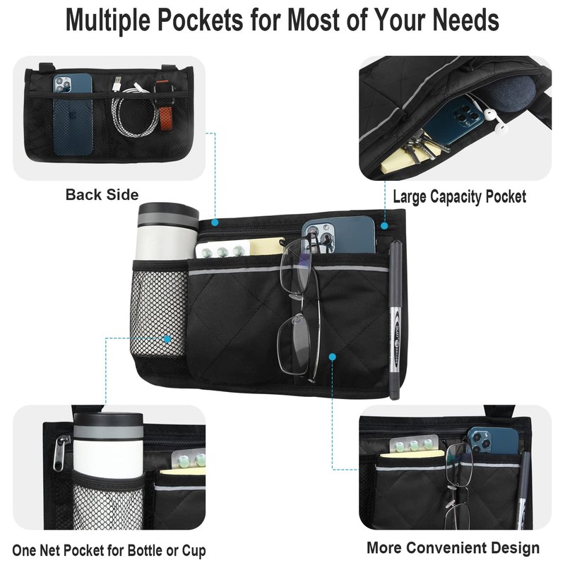 Wheelchair Side Organizer Storage Bag Armrest Pouch with Cup Holder