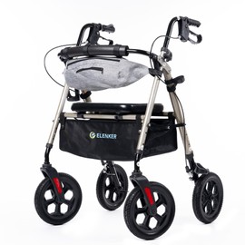 ELENKER All Terrain Rollator Walker with Seat for Seniors, Foldable Rolling Walker, with 10” Big Solid Wheels, Front Pouch, Cup Holder, Fully Adjustment Frame, Champagne
