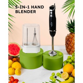 Sangcon 5-in-1 Immersion Blender Handheld with 1000ml Cup, 2-Speed Adjustable Hand Blender with 304 Stainless Blades, Detachable Whisk and Milk Frother
