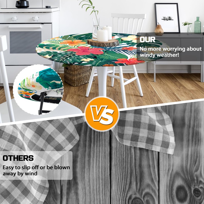 Eiuflka Round Fitted Tablecloth with Elastic Tropical Palm Leaves Outdoor