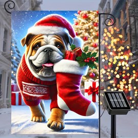 Christmas Dog Garden Flag English Bulldog with Santa Hat Yard Flag 12x18 Inch Double Sided for Outside Winter Holiday Decorations Banner Front Porch Yard Lawn Decor