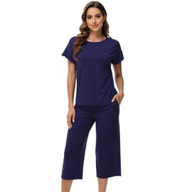 WiWi Woman Short Sleeve Top with Capris Pants Sets Soft Loose Pajamas Set Casual-Viscose from Bamboo S-XX, Navy, Large