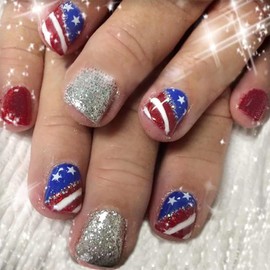 24Pcs Short Square Press on Nails 4th of July Press on Nails Fake Nails Silver Glitter Full Cover Glue on Nails Petite Artificial Reusable Independence Day False Nails for Women Acrylic Nails Salon