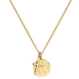 Kuzzoi Men's Silver Necklace with Coin Pendant Round (15 mm) and Cross (10 mm), Cross Necklace for Men in 925 Sterling Silver, Chain with Platelets Structured, Length Approx. 60 cm, Gold