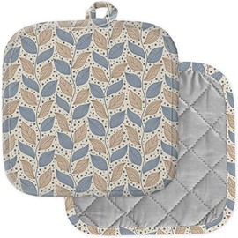 [Pack of 2] Pot Holders for Kitchen, Washable Heat Resistant Pot Holders, Hot Pads, Trivet for Cooking and Baking (Beige Blue Leaf)
