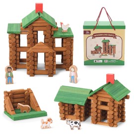 SainSmart Jr. 306 PCS Wooden Log Cabin Set with Storage Box Building House Toy for Toddlers, Classical STEM Construction Kit Compatible with Lincoln Logs, Ideal Gift for 3+ Boys & Girls