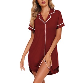 Ekouaer Nightgowns for Women Button Down Sleepshirt Short Sleeve Nightshirt Soft Sleepwear V Neck Pajama Dress Wine Red