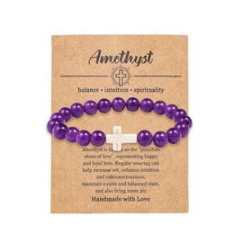 Pingyongchang Christian Gifts for Women Men Cross Healing Crystal Bracelet Faith Easter Catholic Religious Bracelet Natural Stone Stretch Bracelets Stress Relief Anxiety Yoga Bracelet -Amethyst